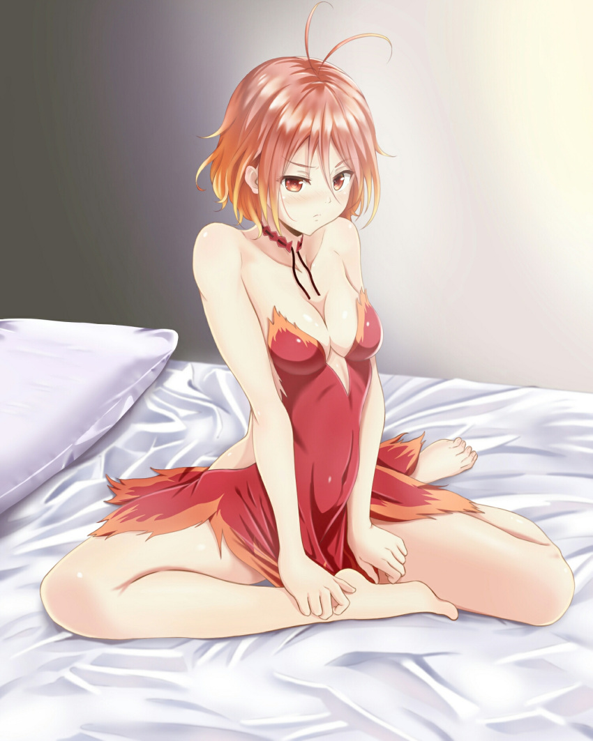 1girl amagi_brilliant_park antenna_hair backless_dress backless_outfit bare_hips barefoot bed_sheet blonde_hair brown_hair closed_mouth dress frown gradient gradient_background gradient_hair grey_background hair_between_eyes highres inoumu multicolored_hair orange_dress pillow red_dress red_eyes revealing_clothes salama_(amaburi) short_hair sitting sleeveless sleeveless_dress solo strapless strapless_dress two-tone_dress white_background