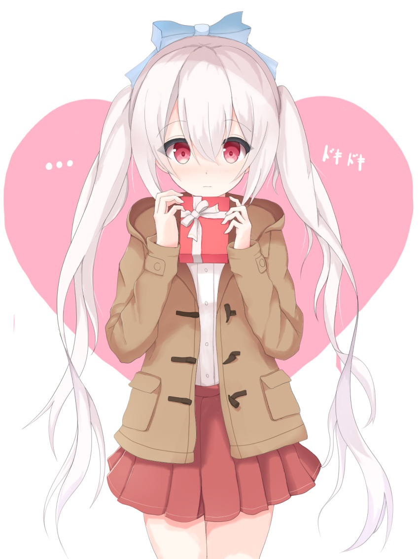 ... 1girl bangs blue_bow blush bow box brown_coat closed_mouth coat commentary_request dress_shirt eyebrows_visible_through_hair gift gift_box hair_between_eyes hair_bow hands_up heart highres holding holding_gift hood hood_down hooded_coat long_hair long_sleeves looking_at_viewer mizu_(lzzrwi603) open_clothes open_coat original pleated_skirt red_eyes red_skirt shirt sidelocks silver_hair skirt sleeves_past_wrists solo translated twintails valentine very_long_hair white_shirt