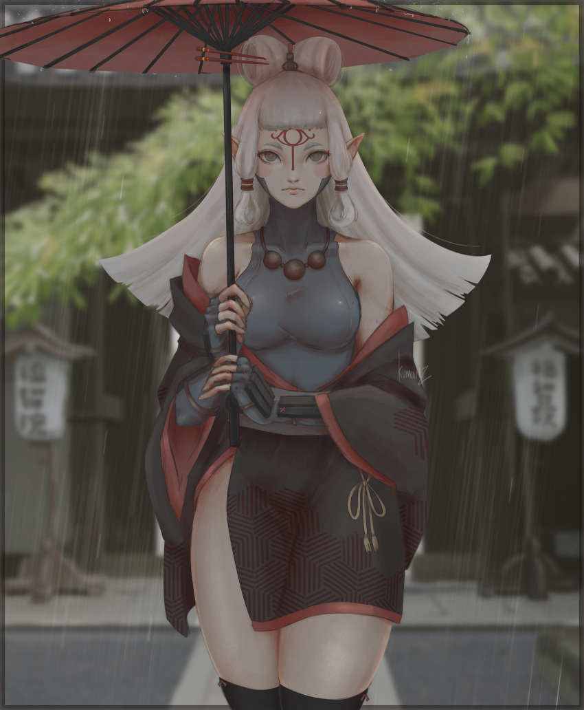 1girl bangs bare_shoulders black_border black_kimono black_legwear blunt_bangs border breasts brown_eyes building closed_mouth cowboy_shot day elf extra_ears facepaint facial_mark forehead_mark gloves grey_gloves highres holding holding_umbrella japanese_clothes kimono kumanz lantern long_hair long_sleeves looking_at_viewer medium_breasts off_shoulder open_clothes open_kimono oriental_umbrella outdoors paya_(zelda) pointy_ears rain shirt side_slit sidelocks signature silver_hair solo straight_hair taut_clothes taut_shirt the_legend_of_zelda the_legend_of_zelda:_breath_of_the_wild thigh-highs thighs umbrella wide_sleeves