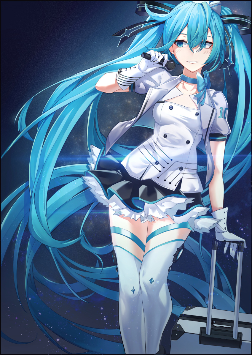 1girl absurdly_long_hair absurdres black_skirt blue_background blue_eyes blue_hair breasts choker collarbone floating_hair gloves grey_jacket grin hatsune_miku highres holding holding_microphone huge_filesize jacket long_hair looking_to_the_side microphone miniskirt open_clothes open_jacket orn pleated_skirt shiny shiny_hair shirt short_sleeves skirt small_breasts smile solo standing thigh-highs very_long_hair vocaloid white_gloves white_legwear white_shirt zettai_ryouiki