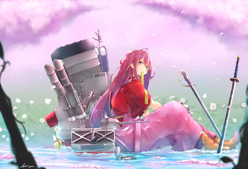 1girl akicosmossakasa blurry boots bow brown_footwear cherry_blossoms cross-laced_footwear depth_of_field hakama highres japanese_clothes kamikaze_(kantai_collection) kantai_collection kimono lace-up_boots long_hair machinery meiji_schoolgirl_uniform mouth_hold partially_submerged petals pink_hakama purple_hair red_kimono sitting smokestack solo sword water weapon yellow_bow