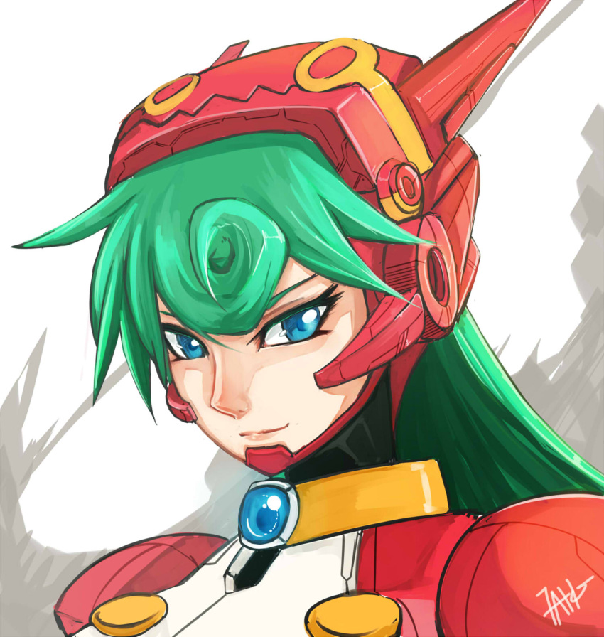 1girl android blue_eyes green_hair headgear helmet highres long_hair looking_at_viewer marino ponytail robot robot_ears rockman rockman_x rockman_x_command_mission smile solo stefv