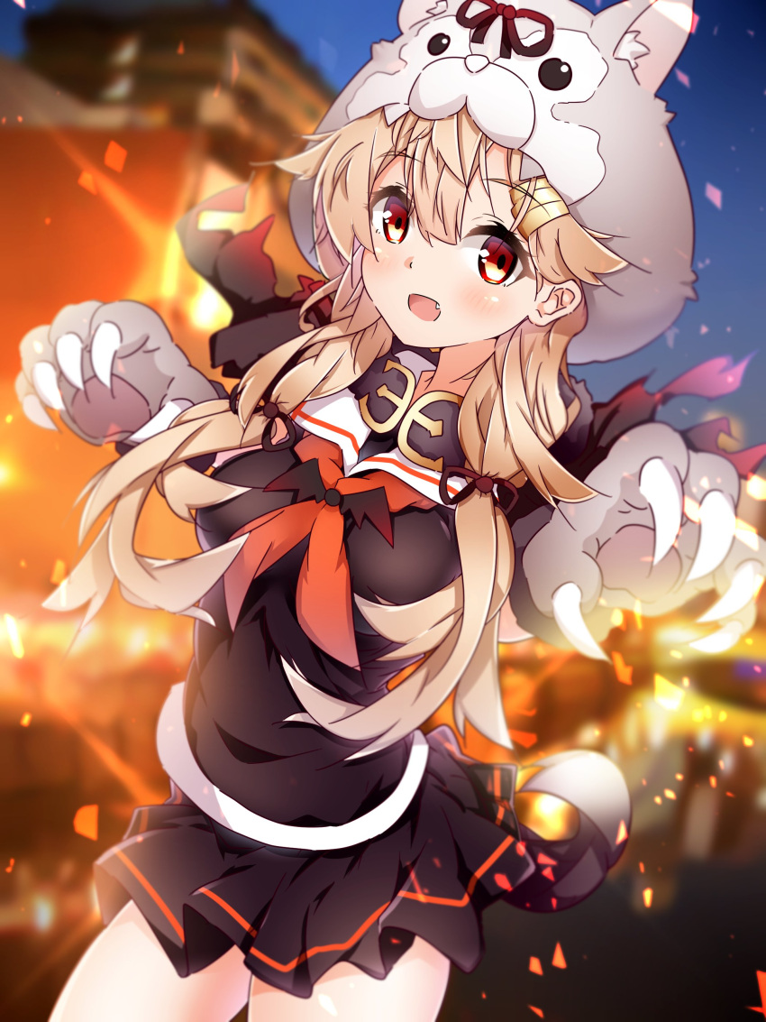 1girl :d absurdres black_serafuku black_skirt blonde_hair breasts cowboy_shot eyebrows_visible_through_hair fang gloves hair_ornament hairclip halloween_costume harukawa_(hal501) highres kantai_collection long_hair looking_at_viewer medium_breasts neckerchief open_mouth paw_gloves paws pleated_skirt red_eyes red_neckwear remodel_(kantai_collection) school_uniform serafuku skirt smile solo yuudachi_(kantai_collection)