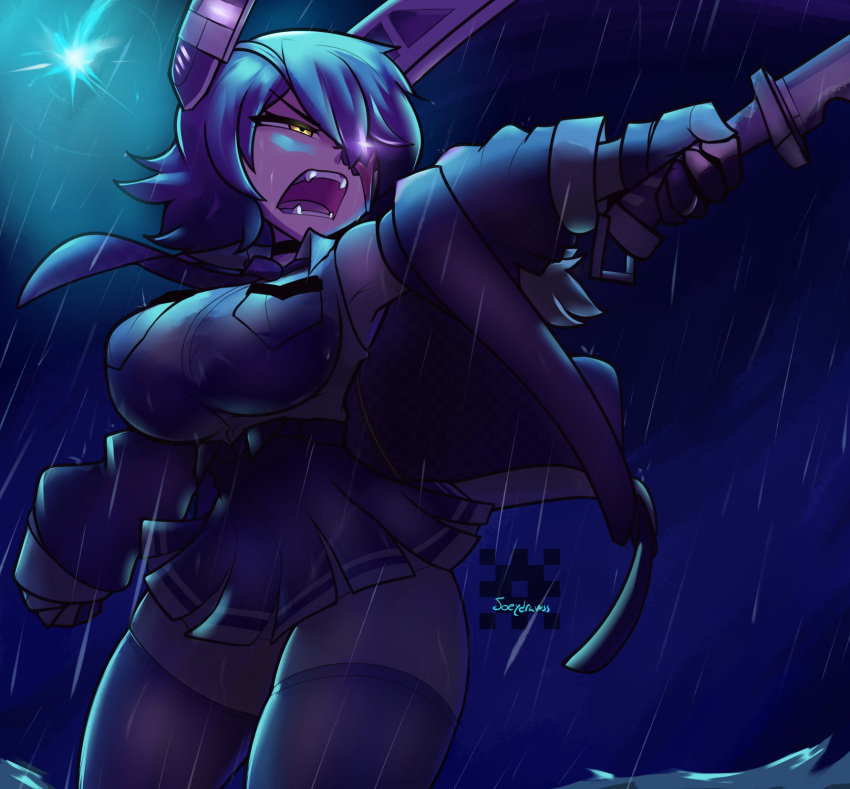 1girl black_jacket breasts checkered checkered_neckwear clenched_hand eyepatch flare fur-trimmed_jacket fur_trim glowing headgear highres jacket joeydrawss kantai_collection large_breasts looking_away night night_sky nose open_mouth pointing rain sharp_teeth shirt short_hair signature skirt sky sleeveless sleeveless_shirt sword teeth tenryuu_(kantai_collection) thick_thighs thigh-highs thighs water weapon white_shirt yellow_eyes