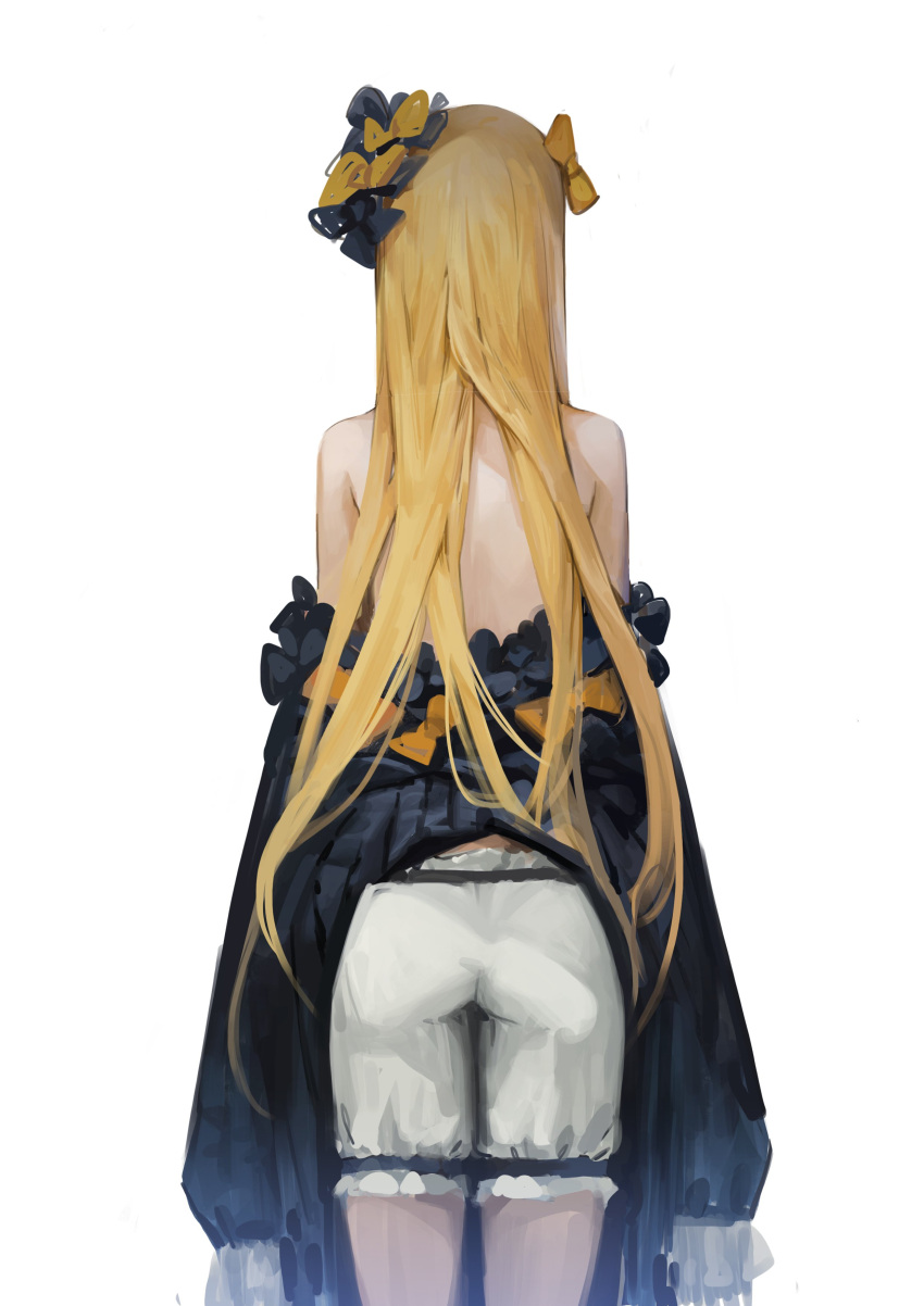 1girl abigail_williams_(fate/grand_order) absurdres ass bare_back bare_shoulders blonde_hair bloomers bow cowboy_shot dokshuri dress fate/grand_order fate_(series) from_behind hair_bow highres long_hair off_shoulder orange_bow simple_background sleeves_past_wrists solo standing topless underwear very_long_hair white_background white_bloomers