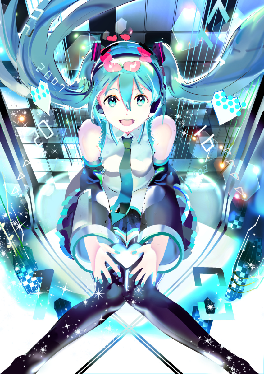 119 1girl :d black_legwear black_sleeves blue_eyes blue_hair blue_nails collared_shirt detached_sleeves floating_hair hair_between_eyes hair_ornament hatsune_miku headphones headset highres long_hair long_sleeves looking_at_viewer nail_polish open_mouth shirt sitting sleeveless sleeveless_shirt smile solo sparkle very_long_hair vocaloid white_shirt wing_collar