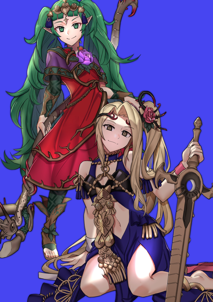 absurdres barefoot blonde_hair blue_background closed_mouth commission cosplay dress ebinku fire_emblem fire_emblem:_three_houses flower full_body green_eyes green_hair hair_flower hair_ornament highres holding holding_staff holding_sword holding_weapon kid_icarus kid_icarus_uprising long_hair manakete nachure nachure_(cosplay) navel pointy_ears side_ponytail simple_background sitting smile sothis_(fire_emblem) sothis_(fire_emblem)_(cosplay) staff sword tiara weapon