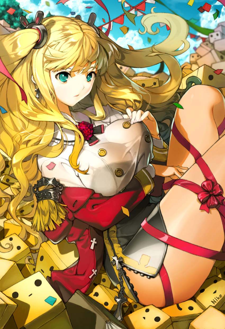 1girl absurdres blonde_hair breasts confetti cowboy_shot cross earrings flower green_eyes highres jewelry large_breasts legs long_hair original red_ribbon ribbon sitting solo two_side_up wavy_hair zipper