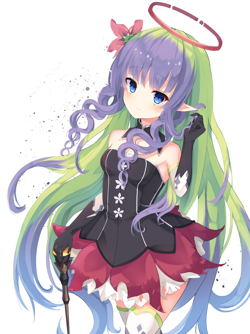 1girl absurdres ames bare_shoulders black_collar black_dress black_gloves blue_eyes blue_hair blush breasts closed_mouth collar commentary_request detached_collar dress elbow_gloves flower gloves green_hair hair_flower hair_ornament halo highres light_smile long_hair looking_at_viewer medium_breasts mizu_(lzzrwi603) multicolored_hair pink_flower pointy_ears princess_connect! princess_connect!_re:dive purple_hair sidelocks solo strapless strapless_dress thigh-highs two-tone_hair very_long_hair white_background white_legwear