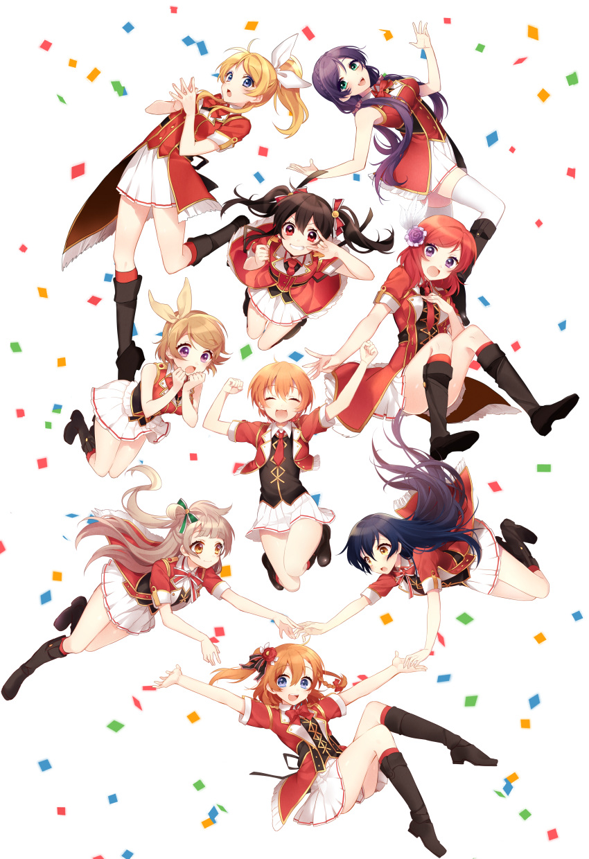 6+girls absurdres ayase_eli bangs black_hair blonde_hair blue_eyes blue_hair bokura_no_live_kimi_to_no_life bow everyone floating full_body green_eyes grey_hair hair_between_eyes hair_bow hair_ribbon highres hoshizora_rin koizumi_hanayo kousaka_honoka long_hair love_live! love_live!_school_idol_project minami_kotori multiple_girls nishikino_maki one_side_up orange_hair ponytail purple_hair red_eyes redhead ribbon sakura_yuki_(clochette) scrunchie short_hair simple_background sonoda_umi toujou_nozomi twintails violet_eyes white_background white_scrunchie yazawa_nico yellow_eyes