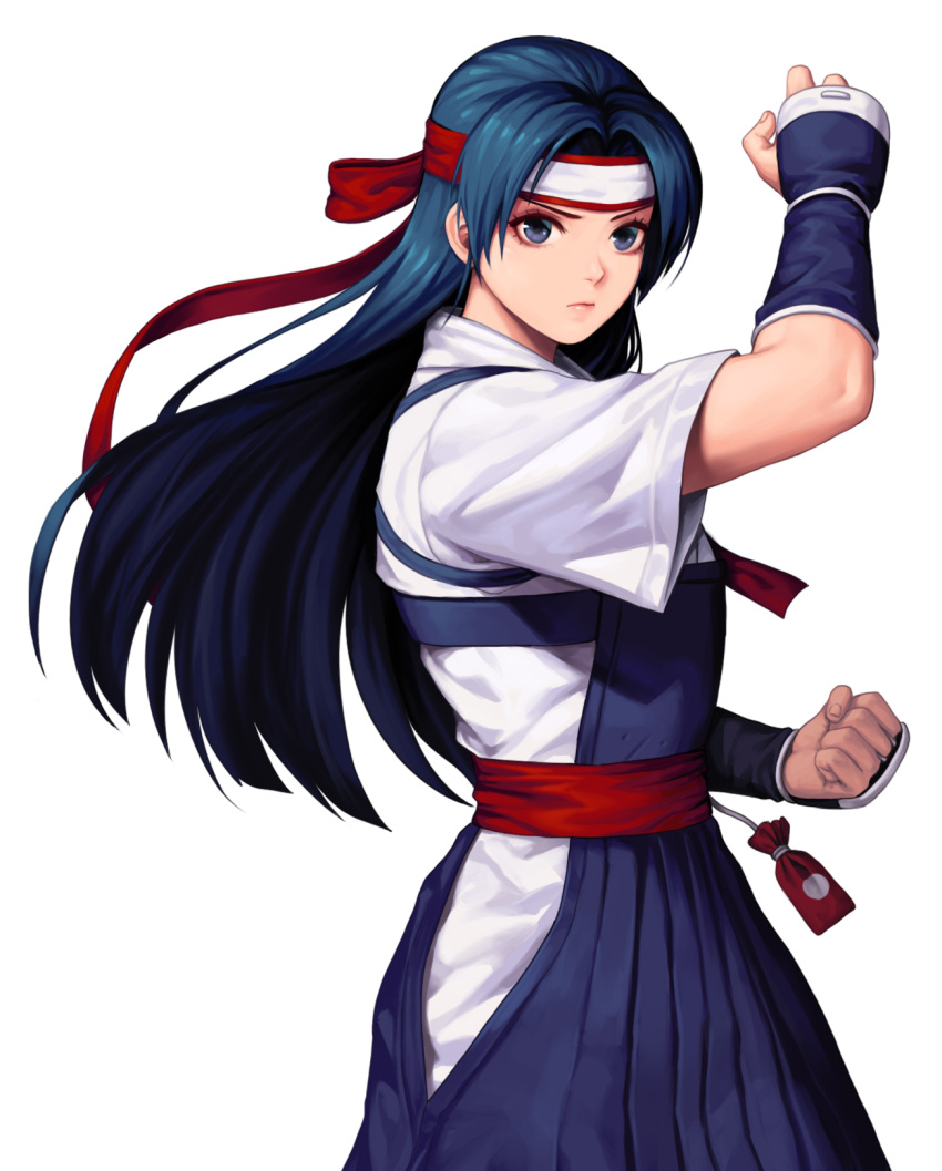 1girl blue_eyes blue_hair blue_hakama clenched_hand closed_mouth commentary_request dougi evilgun fighting_stance fingernails hakama hand_up headband highres japanese_clothes lips long_hair shiny shiny_hair short_sleeves simple_background snk solo the_king_of_fighters toudou_kasumi upper_body white_background