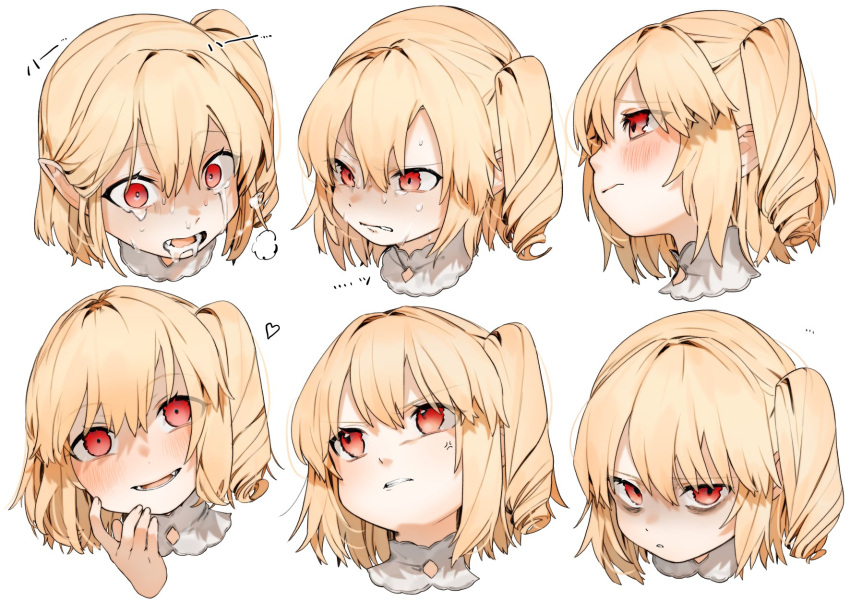 1girl :d anger_vein bags_under_eyes bangs blonde_hair blush commentary crying crying_with_eyes_open expressions eyebrows_visible_through_hair fang flandre_scarlet gotoh510 hair_between_eyes hand_up head_tilt heart highres looking_at_viewer multiple_views no_hat no_headwear one_side_up open_mouth pointy_ears red_eyes short_hair sidelocks simple_background smile symbol_commentary tears touhou v-shaped_eyebrows white_background