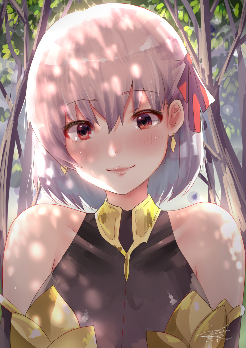 1girl absurdres bangs bare_shoulders blush close-up closed_eyes collarbone dappled_sunlight day donatsu_(donut007008) earrings eyebrows_visible_through_hair fate/grand_order fate_(series) hair_ribbon highres jewelry kama_(fate/grand_order) looking_at_viewer pink_lips red_eyes red_ribbon ribbon short_hair signature silver_hair smile solo sunlight tree upper_body