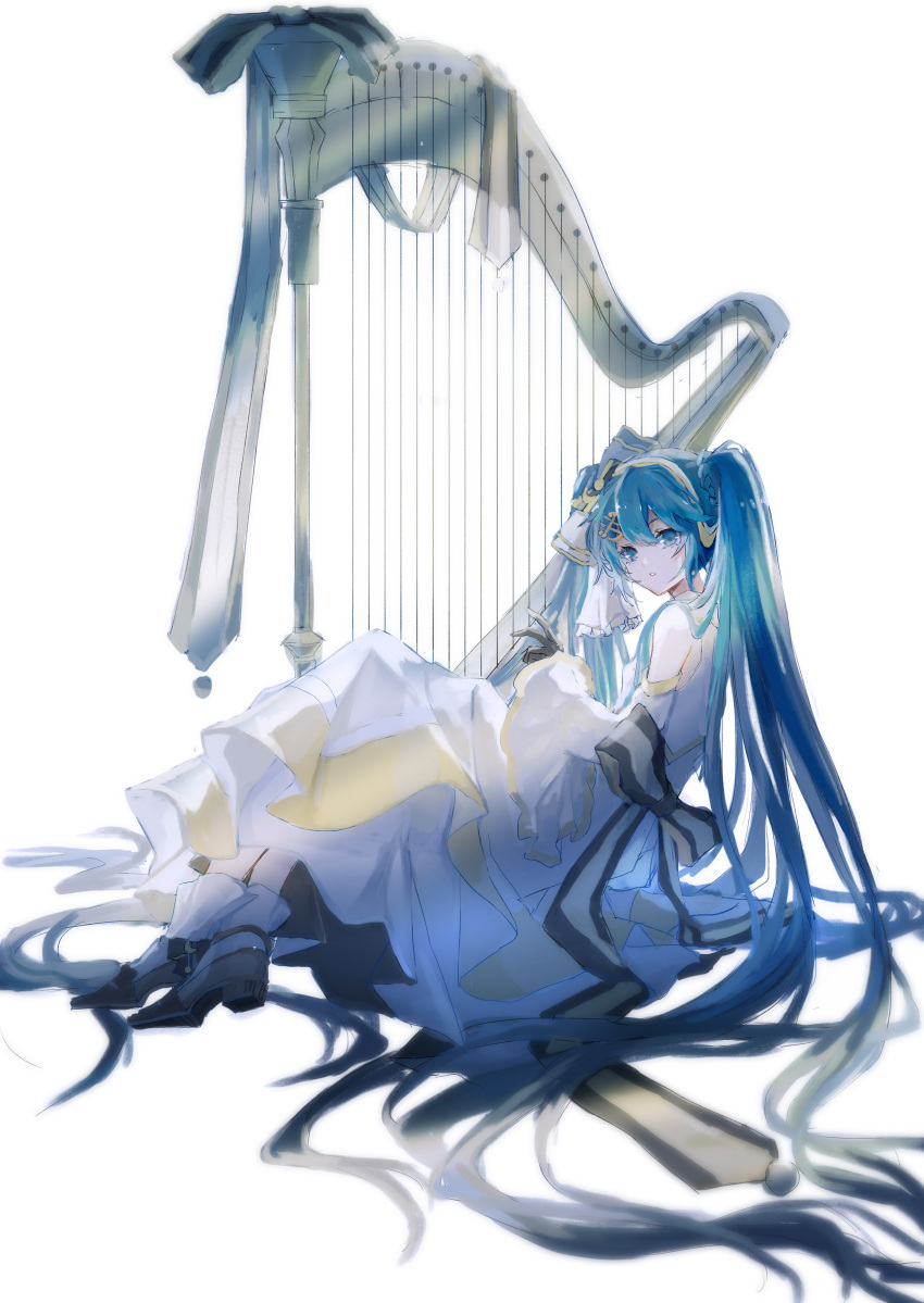 absurdly_long_hair absurdres alternate_costume aqua_eyes aqua_hair bare_shoulders black_gloves bow bowtie commentary detached_sleeves dress english_commentary expressionless gloves hair_ornament hair_ribbon harp hatsune_miku highres instrument knees_up long_hair looking_at_viewer michiki_kokuyou parted_lips ribbon sitting sleeveless sleeveless_dress twintails very_long_hair vocaloid white_dress yuki_miku yuki_miku_(2020)