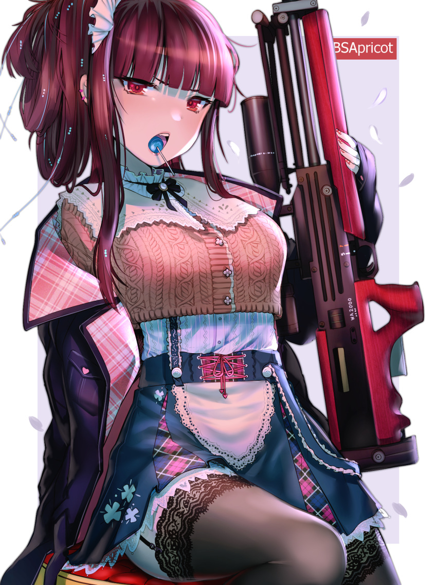 1girl artist_name bangs black_legwear blush breasts bullpup candy danielle_brindle food girls_frontline gun hair_ribbon highres holding holding_gun holding_weapon jacket lace lace-trimmed_legwear large_breasts lollipop long_hair looking_at_viewer maid_headdress mouth_hold multiple_piercings off_shoulder one_side_up open_mouth purple_hair purple_jacket red_eyes red_nails ribbon rifle sitting skirt sniper_rifle solo thigh-highs wa2000_(girls_frontline) walther walther_wa_2000 weapon