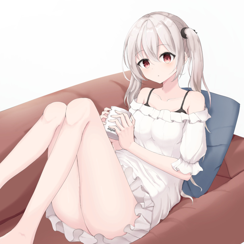 1girl :o bangs blush breasts collarbone commentary_request couch cup dress eyebrows_visible_through_hair feet_out_of_frame frilled_dress frills grey_hair hair_between_eyes highres holding holding_cup knees_up long_hair looking_at_viewer lying medium_breasts mizu_(lzzrwi603) mug off-shoulder_dress off_shoulder on_back on_couch original parted_lips pillow puffy_short_sleeves puffy_sleeves red_eyes short_sleeves simple_background solo twintails white_background white_dress