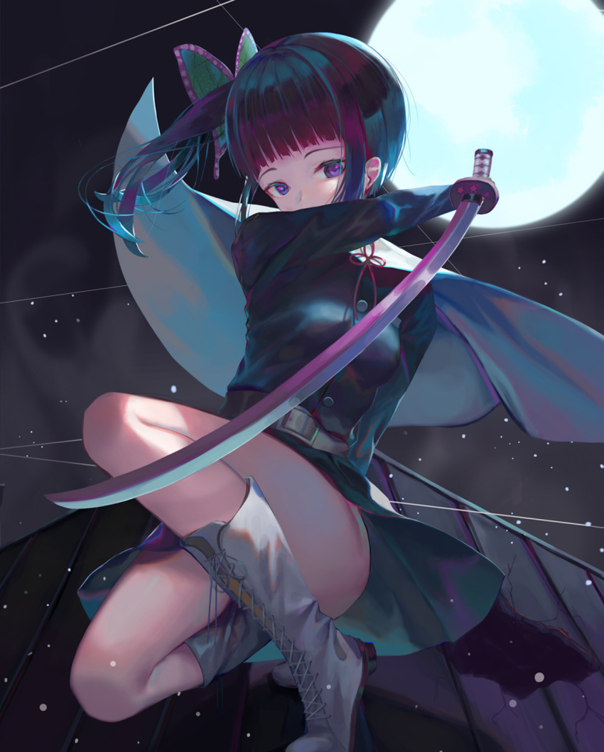 1girl bangs black_hair black_jacket black_skirt blue_hair blunt_bangs boots butterfly_hair_ornament capelet full_moon gradient_hair grey_footwear hair_ornament highres holding holding_sword holding_weapon jacket katana kimetsu_no_yaiba long_sleeves looking_at_viewer miniskirt moon multicolored_hair nekobell night one_knee outdoors pleated_skirt purple_hair red_ribbon ribbon skirt solo sword tsuyuri_kanao violet_eyes weapon white_capelet