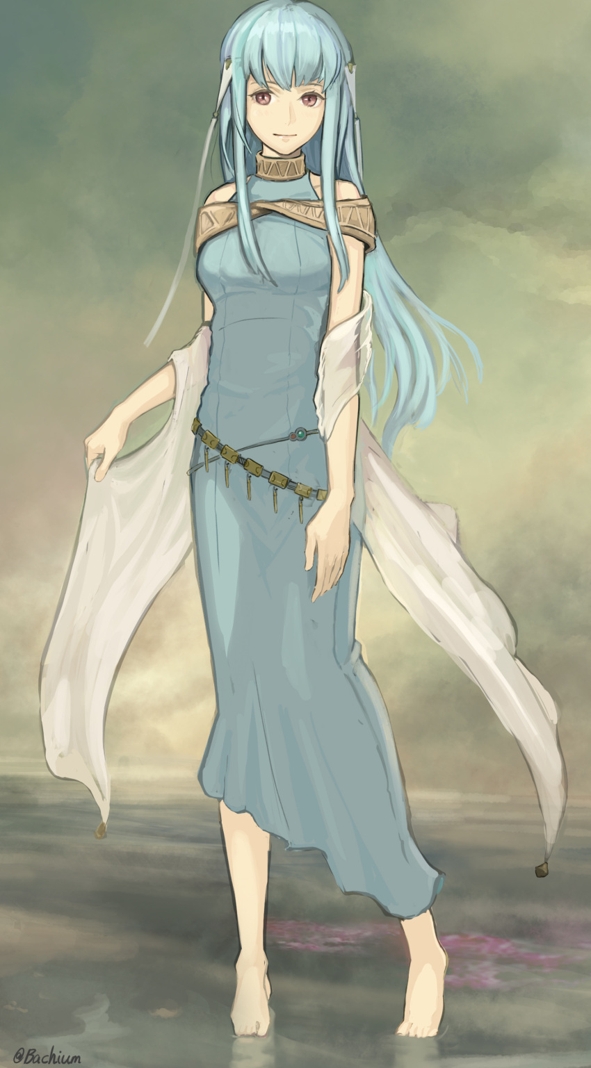 1girl absurdres artist_name bangs belly_chain blue_dress blue_hair closed_mouth clouds cloudy_sky dress fire_emblem fire_emblem:_the_blazing_blade highres jewelry long_dress long_hair ninian_(fire_emblem) outdoors red_eyes samohichi sash shiny shiny_hair sky sleeveless sleeveless_dress smile solo very_long_hair