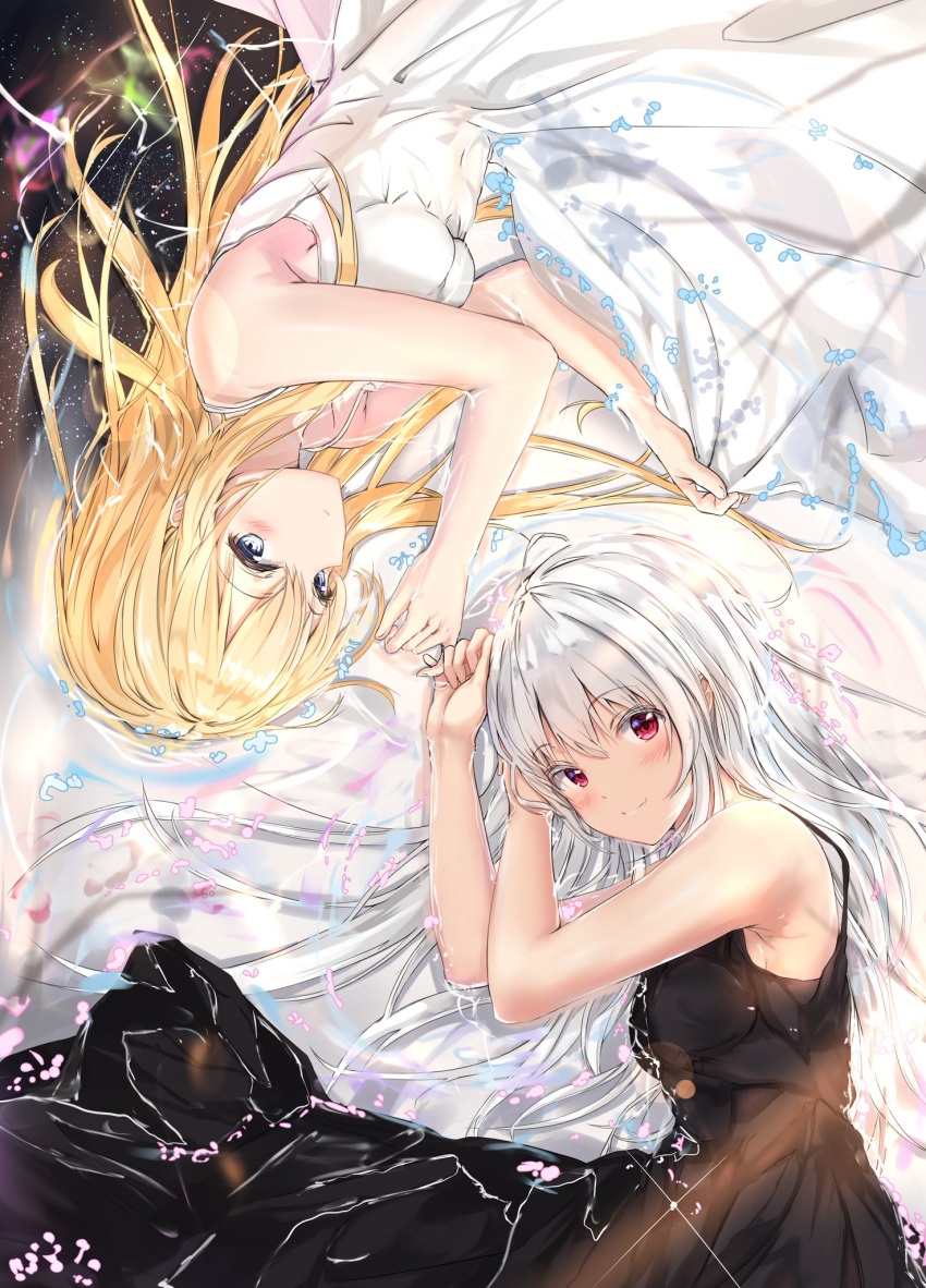 2girls bangs black_dress blonde_hair blue_eyes blush breasts closed_mouth dress expressionless eyebrows_visible_through_hair eyes_visible_through_hair feet_out_of_frame from_above hair_between_eyes highres long_hair looking_at_viewer lying multiple_girls na_kyo on_side original partially_submerged petals petals_on_liquid red_eyes rotational_symmetry silver_hair skirt_hold smile space star water white_dress