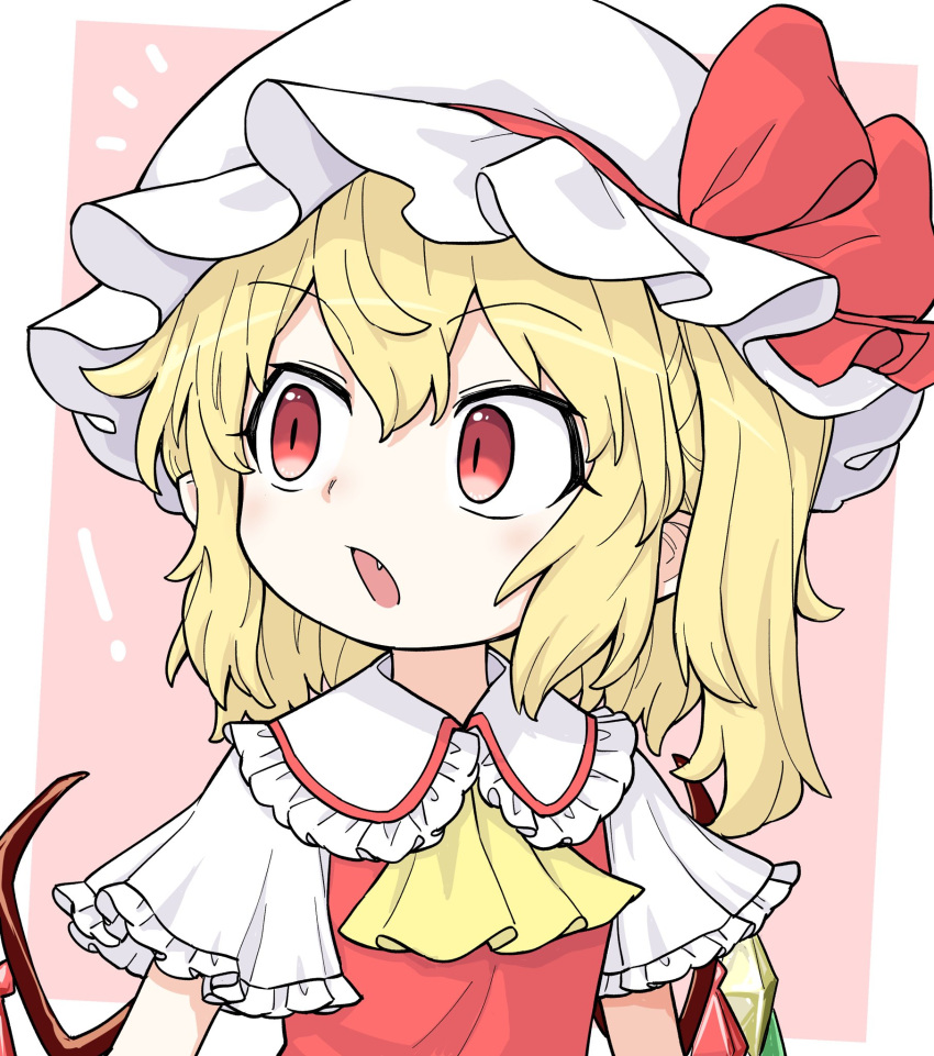 ! /\/\/\ 1girl :o ascot bangs blonde_hair blush border bow commentary_request crystal eyebrows_visible_through_hair fang flandre_scarlet frilled_shirt_collar frilled_sleeves frills hair_between_eyes hat hat_bow hat_ribbon highres looking_to_the_side mob_cap oninamako open_mouth pink_background red_bow red_eyes red_vest ribbon shiny shiny_hair shirt short_sleeves side_ponytail slit_pupils solo surprised touhou upper_body vest white_border white_shirt wide_sleeves wings yellow_neckwear