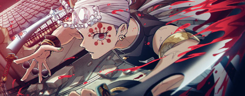1boy absurdres armlet blood bridal_gauntlets earrings facial_mark forehead_protector gem grey_hair highres holding holding_sword holding_weapon jewelry kimetsu_no_yaiba looking_at_viewer male_focus muscle nail_polish night red_eyes ring rooftop rubble saamon_(dream81come) solo sword uzui_tengen weapon