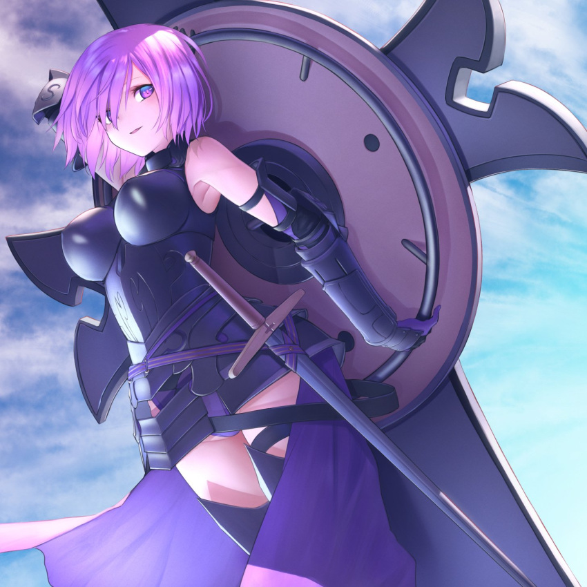 1girl arm_behind_head armor breasts commentary_request fate/grand_order fate_(series) faulds gauntlets hair_over_one_eye highres itaco1987 large_breasts looking_at_viewer mash_kyrielight parted_lips purple_hair sheath sheathed shield short_hair solo standing sword violet_eyes weapon