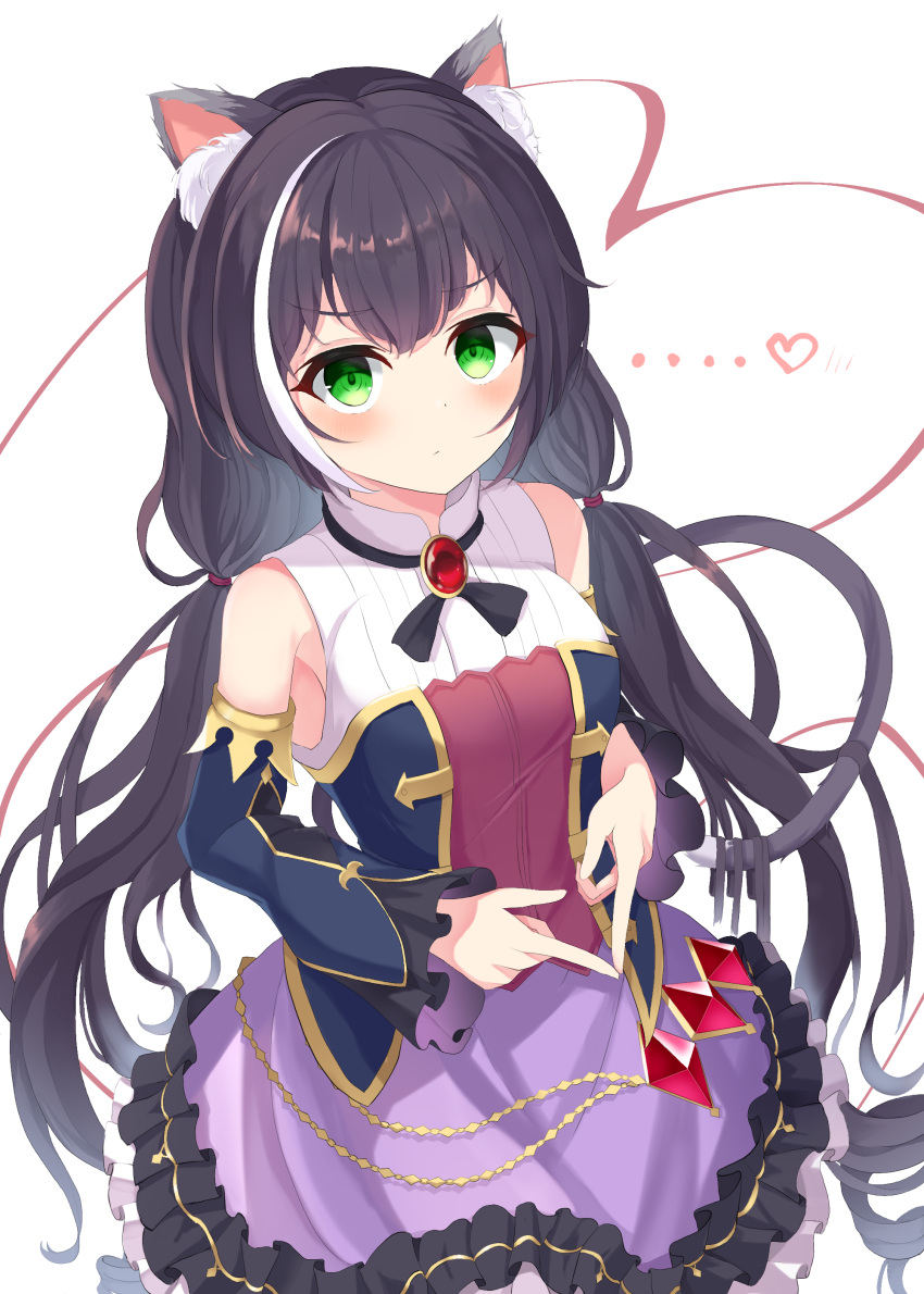 ... 1girl absurdres animal_ear_fluff animal_ears bangs bare_shoulders black_hair blue_sleeves blush breasts brooch cat_ears cat_girl cat_tail closed_mouth commentary_request detached_sleeves eyebrows_visible_through_hair fingers_together frilled_skirt frills green_eyes heart highres jewelry kyaru_(princess_connect) long_hair long_sleeves looking_at_viewer low_twintails medium_breasts mizu_(lzzrwi603) multicolored_hair princess_connect! princess_connect!_re:dive purple_skirt shirt sidelocks skirt sleeveless sleeveless_shirt sleeves_past_wrists solo streaked_hair tail twintails very_long_hair white_background white_hair white_shirt wide_sleeves