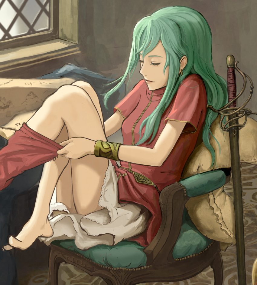 1girl bad_id closed_eyes closed_mouth earrings eirika_(fire_emblem) fire_emblem fire_emblem:_the_sacred_stones green_hair highres indoors jewelry long_hair miniskirt red_shirt samohichi sheath sheathed shirt short_sleeves sitting skirt solo sword weapon white_skirt