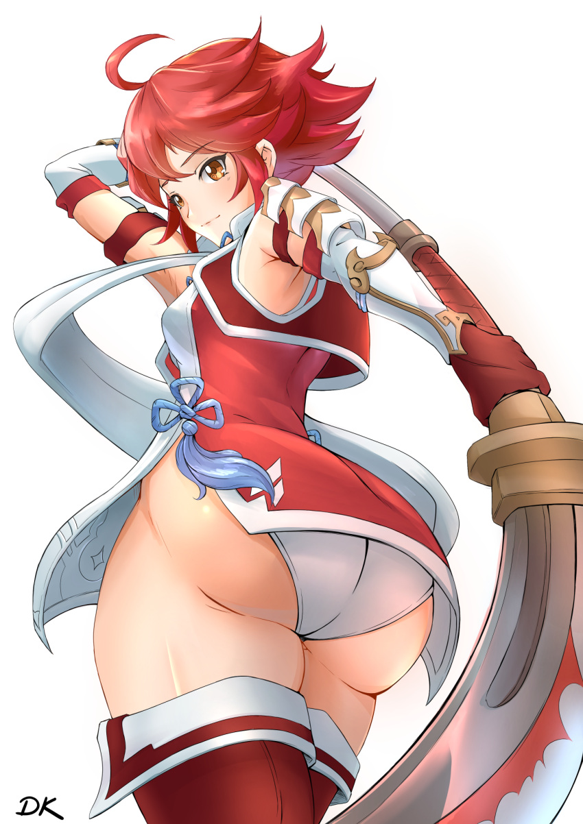 1girl ahoge arm_guards armor artist_name ass bangs boots breasts brown_eyes closed_mouth commentary_request deekei dress dutch_angle eyebrows_visible_through_hair fire_emblem fire_emblem_fates from_behind gloves highres hinoka_(fire_emblem) holding holding_weapon japanese_clothes lisp naginata panties polearm red_footwear redhead scarf shiny shiny_hair shiny_skin short_dress short_hair signature simple_background sleeveless small_breasts smile solo spear thigh-highs thigh_boots thighs underwear weapon white_background white_panties white_scarf
