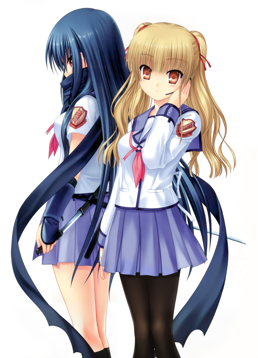 2girls absurdres angel_beats! black_legwear blonde_hair blue_hair blue_sailor_collar blue_scarf blue_skirt collared_shirt dress_shirt dual_wielding hair_ribbon highres holding holding_sword holding_weapon long_hair long_sleeves looking_at_viewer microphone miniskirt multiple_girls na-ga pantyhose pink_neckwear pleated_skirt red_eyes red_ribbon ribbon sailor_collar sailor_shirt scarf scarf_over_mouth school_uniform serafuku sheath shiina_(angel_beats!) shinda_sekai_sensen_uniform shiny shiny_hair shirt simple_background skirt standing sword twintails unsheathing very_long_hair weapon white_background white_shirt yusa_(angel_beats!)