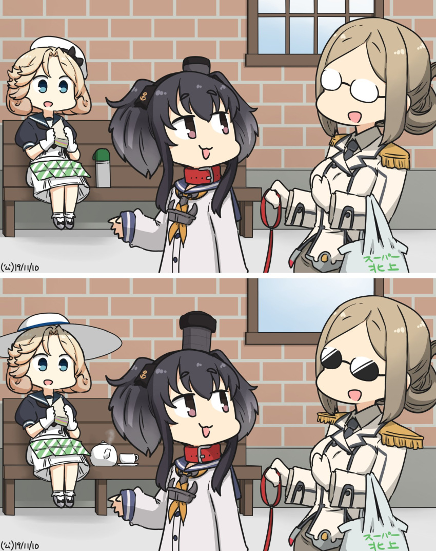 bag bangs bench black_hair black_neckwear blonde_hair blue_eyes blue_sailor_collar brick_wall brown_eyes collar collared_shirt commentary_request cup dated dog_collar double-breasted dress epaulettes folded_ponytail food full_body glasses gloves hamu_koutarou hat highres jacket janus_(kantai_collection) kantai_collection katori_(kantai_collection) leash military military_uniform mini_hat neckerchief necktie parted_bangs plastic_bag sailor_collar sailor_dress sailor_hat sandwich shirt short_hair short_hair_with_long_locks short_sleeves sidelocks silver_hair smokestack_hair_ornament spot_the_differences sun_hat sunglasses teacup teapot thermos tokitsukaze_(kantai_collection) uniform upper_body white_dress white_gloves white_headwear window yellow_neckwear