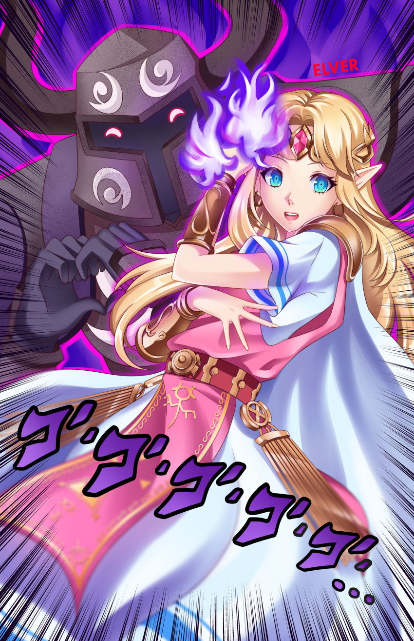 1girl 1other a.p.p.p. absurdres artist_name bangs belt blonde_hair blue_eyes bracer circlet dress earrings elf elver-lee emphasis_lines fire gem heart heart_hands highres huge_filesize hylian jewelry jojo_no_kimyou_na_bouken jojo_pose long_hair looking_at_viewer nintendo nintendo_ead parody parted_bangs pauldrons phantom_(the_legend_of_zelda) pointy_ears pose princess_zelda purple_fire ruby_(gemstone) short_sleeves shoulder_armor shueisha sora_(company) super_smash_bros. tabard the_legend_of_zelda the_legend_of_zelda:_a_link_between_worlds the_legend_of_zelda:_spirit_tracks tiny_pupils tokyo_mx white_dress