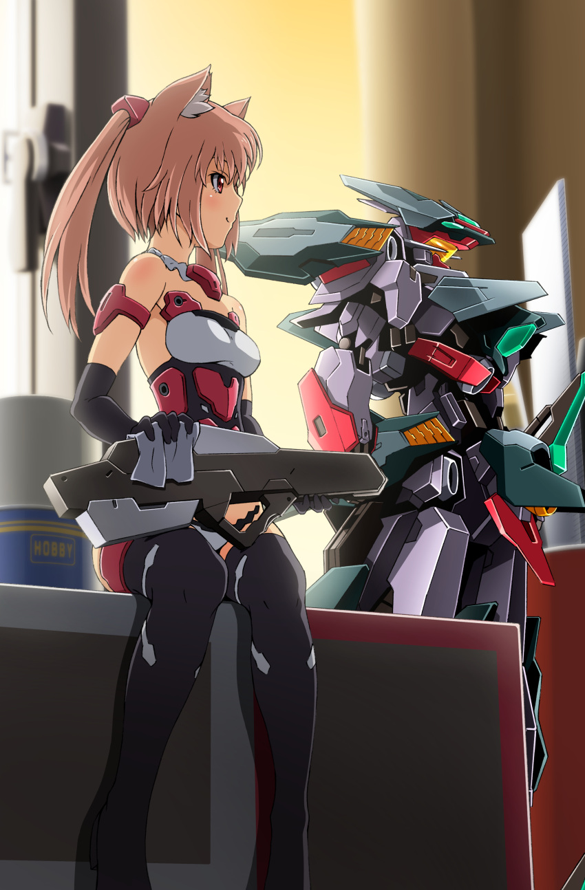 1girl absurdres animal_ears bare_shoulders black_gloves black_legwear blurry blurry_background breasts cat_ears commentary_request cutlass_(frame_arms) elbow_gloves frame_arms frame_arms_girl gloves gun highres innocentia kumichou_(ef65-1118-ef81-95) light_brown_hair long_hair looking_away mecha mecha_musume medium_breasts minigirl polishing red_eyes robot sitting strapless_bottom thigh-highs twintails visor weapon