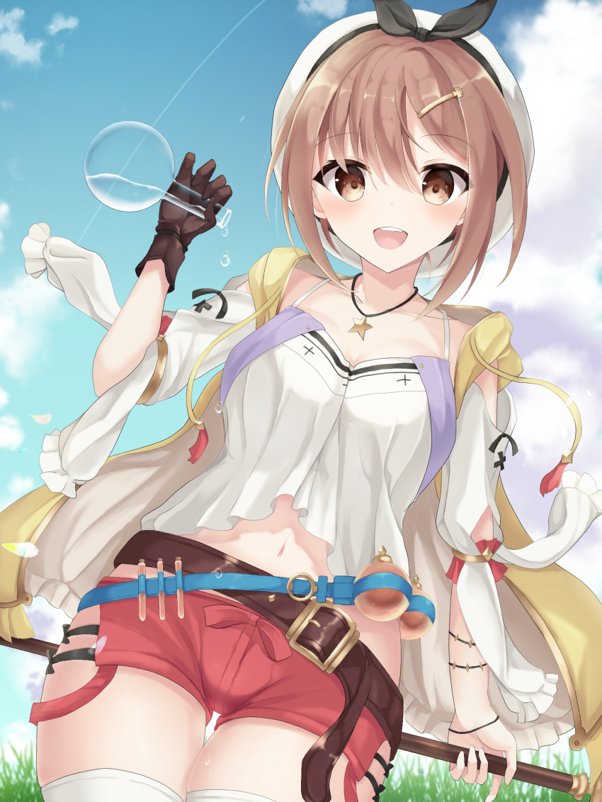 1girl :d atelier_(series) atelier_ryza bangs bare_shoulders belt belt_buckle beret black_ribbon blue_belt blue_sky blush breasts brown_belt brown_eyes brown_gloves brown_hair buckle clouds cloudy_sky collarbone commentary_request day drawstring eyebrows_visible_through_hair gloves hair_between_eyes hair_ornament hairclip hand_up hat highres holding hood hood_down hooded_jacket jacket jewelry medium_breasts mizu_(lzzrwi603) navel necklace open_clothes open_jacket open_mouth outdoors puffy_short_sleeves puffy_sleeves red_shorts reisalin_stout ribbon round-bottom_flask shirt short_shorts short_sleeves shorts sidelocks single_glove sky sleeveless sleeveless_jacket smile solo star star_necklace thigh-highs thigh_gap upper_teeth vial white_headwear white_legwear white_shirt yellow_jacket