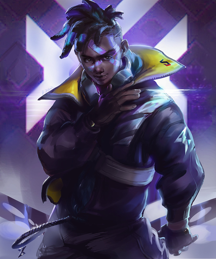 1boy absurdres bich_hoan black_gloves black_hair black_jacket closed_mouth dark_skin dark_skinned_male ekko_(league_of_legends) facepaint fingerless_gloves gloves hairlocs highres jacket league_of_legends looking_at_viewer male_focus solo true_damage_(league_of_legends) true_damage_ekko