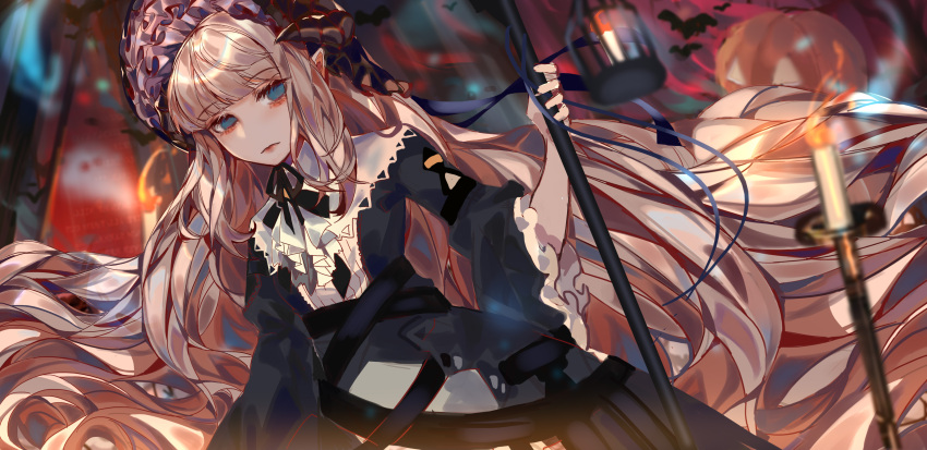 absurdly_long_hair absurdres arknights bangs black_dress black_eyes black_ribbon blonde_hair candle commentary_request dress eyebrows_visible_through_hair frills hat highres holding horns lamp long_hair looking_at_viewer messy_hair nightingale_(arknights) ribbon solo very_long_hair yan_ge