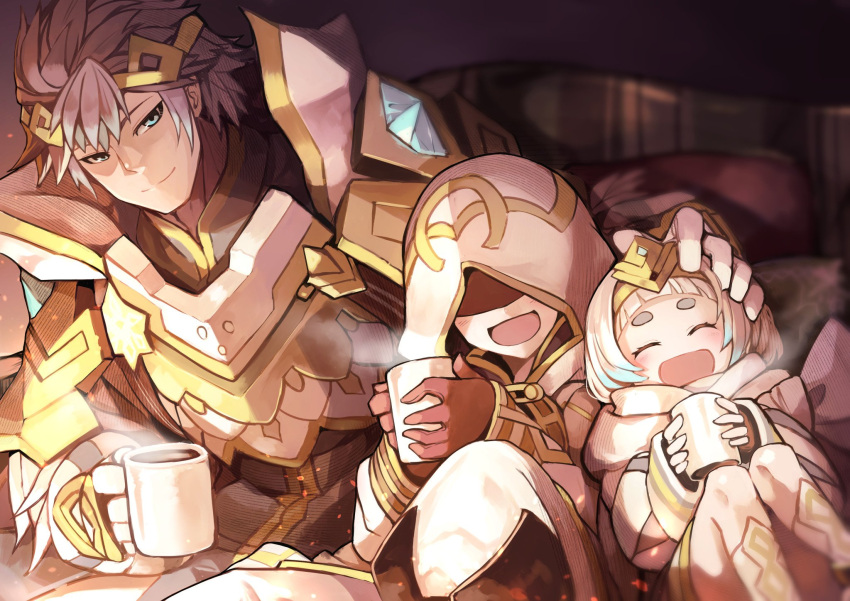 1boy 1girl 1other blue_eyes blue_hair brother_and_sister brown_gloves closed_eyes closed_mouth coffee_mug cup fire_emblem fire_emblem_heroes gloves gradient_hair hair_ornament hand_on_another's_head highres holding holding_cup hood hood_up hrid_(fire_emblem) kiran_(fire_emblem) knees_up long_sleeves mug multicolored_hair nakabayashi_zun open_mouth short_hair siblings sitting smile tiara white_hair ylgr_(fire_emblem)