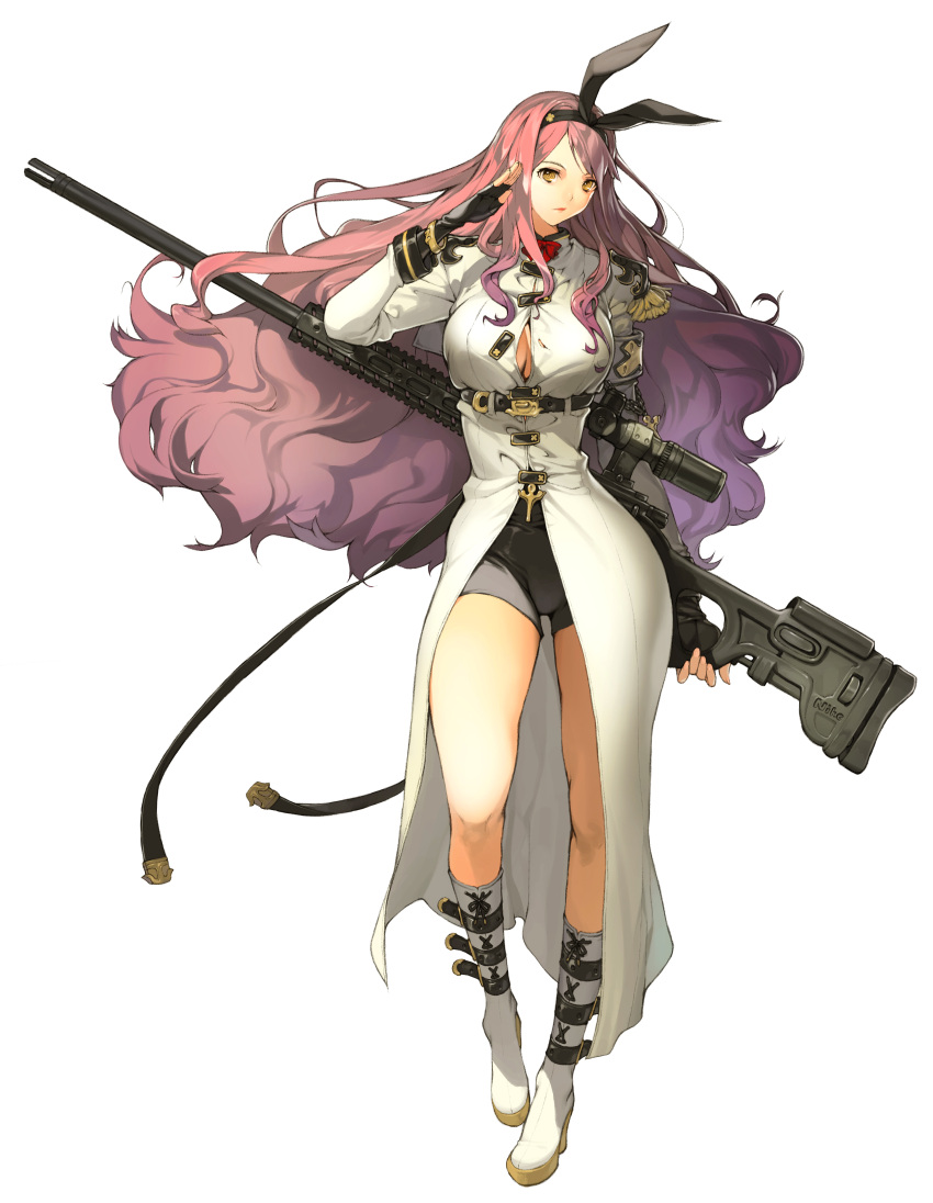 1girl absurdres black_ribbon black_shorts bow breasts character_request full_body girls_frontline gloves gun hair_ribbon highres holding holding_gun holding_weapon large_breasts legs long_hair looking_at_viewer purple_hair red_bow ribbon salute shorts simple_background solo uniform weapon white_background yellow_eyes