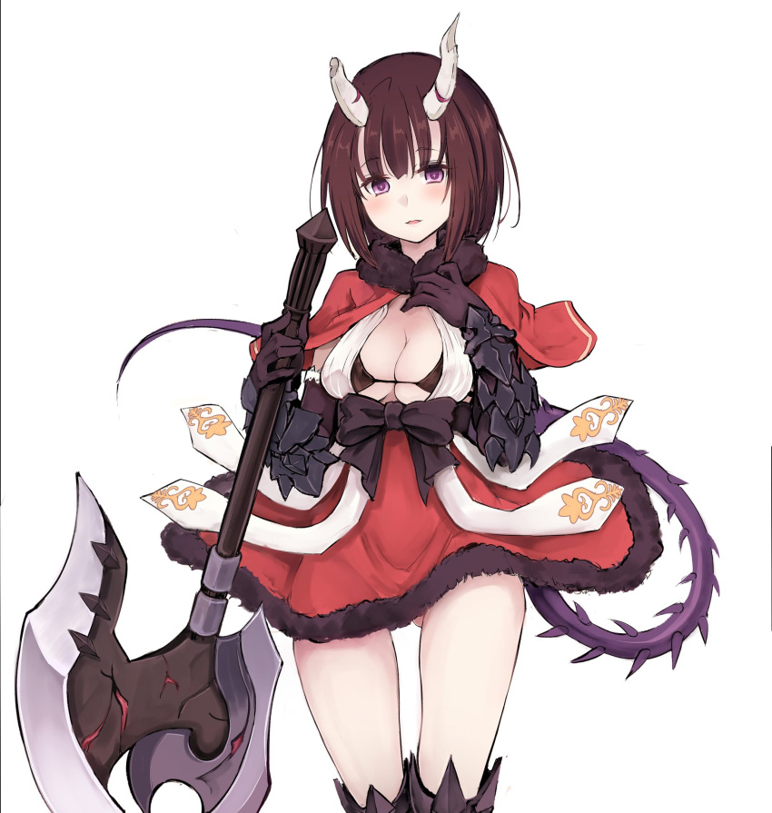 +_+ 1girl ass ass_visible_through_thighs axe battle_axe black_bra black_gloves blush bra breasts broken_horn capelet demon_tail fur-trimmed_capelet fur-trimmed_skirt fur_trim gauntlets gloves hair_color_request highres holding holding_axe holding_weapon horns kuraishi_eriko looking_at_viewer medium_breasts princess_connect! princess_connect!_re:dive red_capelet ribbon short_hair simple_background solo spiked_tail tail tatsuhiko thigh_gap underwear violet_eyes weapon white_background