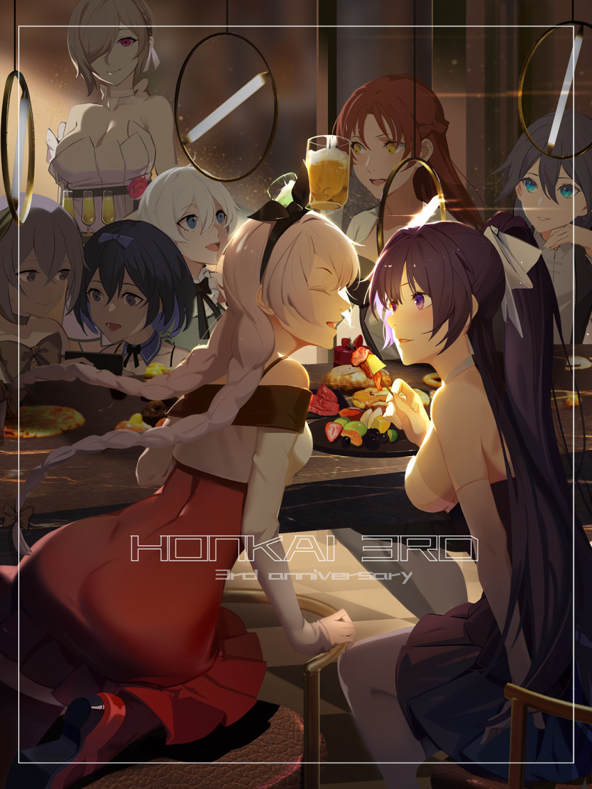 6+girls alcohol anniversary bare_shoulders beer beer_mug black_dress black_hair black_ribbon blue_eyes blue_hair blush bow bowtie braid bronya_zaychik brown_hair closed_eyes commentary_request copyright_name cup dress elbow_gloves english_text feeding flower food fruit fu_hua gloves grey_hair hair_between_eyes hair_bow hair_over_one_eye hair_ribbon highres holding holding_cup holding_food honkai_(series) honkai_impact_3rd jing_dian_da_mo_dao kiana_kaslana long_hair long_sleeves mole mole_under_eye multicolored_hair multiple_girls murata_himeko open_mouth ponytail purple_hair raiden_mei red_dress red_flower red_rose redhead ribbon rita_rossweisse rose seele_vollerei short_hair silver_hair smile strapless strapless_dress theresa_apocalypse thigh-highs toast_(gesture) twin_braids two-tone_hair very_long_hair violet_eyes white_gloves yellow_eyes