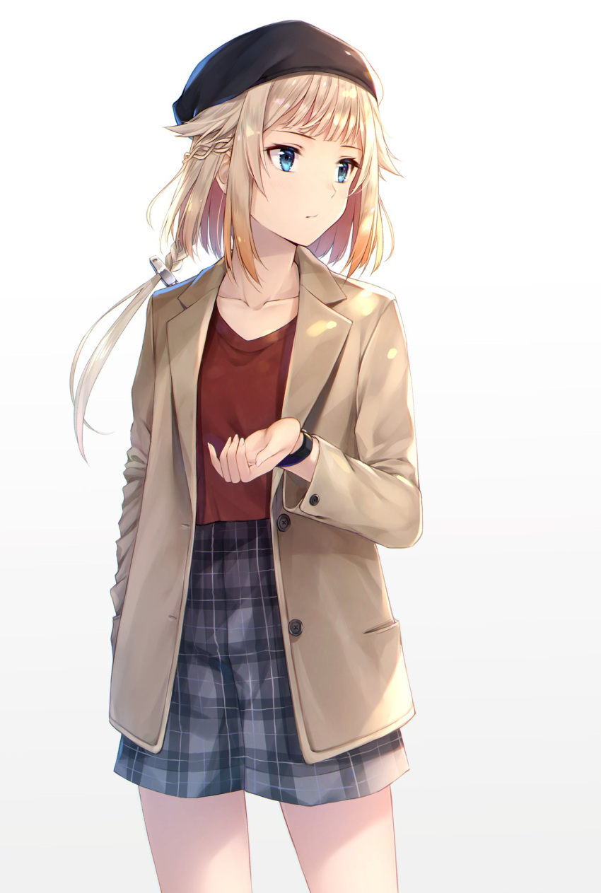 1girl bangs blue_eyes braided_ponytail brown_coat buttons cevio coat coffee_tart collarbone commentary cowboy_shot expressionless hat highres looking_to_the_side medium_hair miniskirt one_(cevio) plaid plaid_skirt platinum_blonde_hair ponytail red_shirt shirt skirt solo standing watch watch white_background