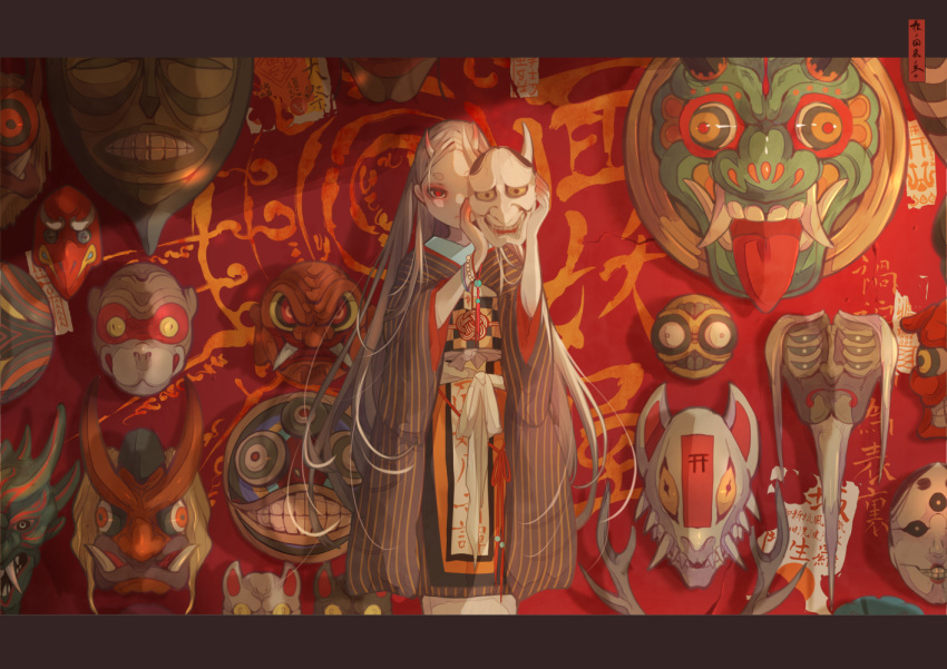 1girl antlers beads bracelet checkered feet_out_of_frame furisode holding holding_mask japanese_clothes jewelry kimono letterboxed long_hair looking_at_viewer magic_circle mask mask_removed monkey_mask nanahara_shie noh_mask obi one_eye_covered oni oni_horns oni_mask original red_background red_eyes sash solo standing striped talisman tassel vertical_stripes very_long_hair
