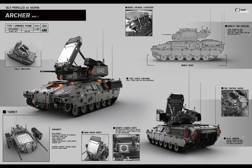 aa_gun caterpillar_tracks concept_art ground_vehicle karanak military military_vehicle motor_vehicle no_humans original science_fiction smoke_grenade_launcher tank vehicle weapon