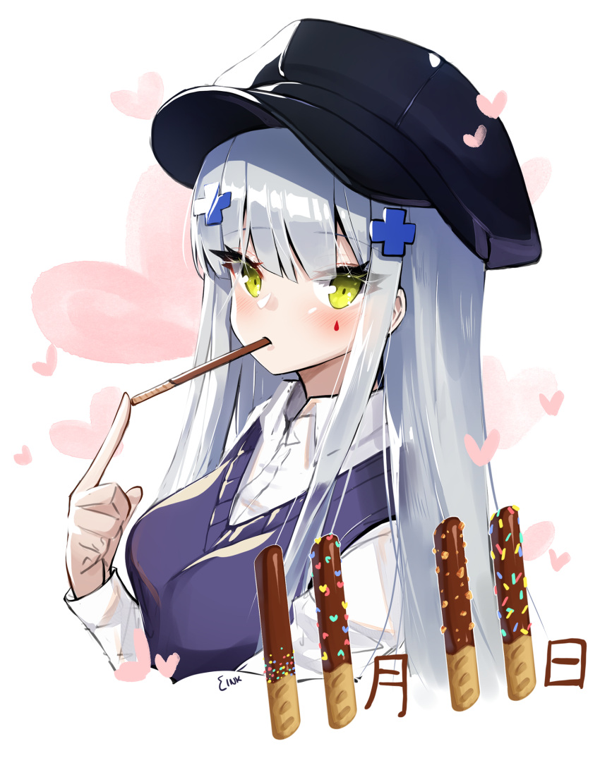 1girl ankkoyom bangs blue_hair blush breasts eyebrows_visible_through_hair facial_mark food_in_mouth girls_frontline green_eyes hair_ornament hat highres hk416_(girls_frontline) long_hair pocky_day sweater_vest