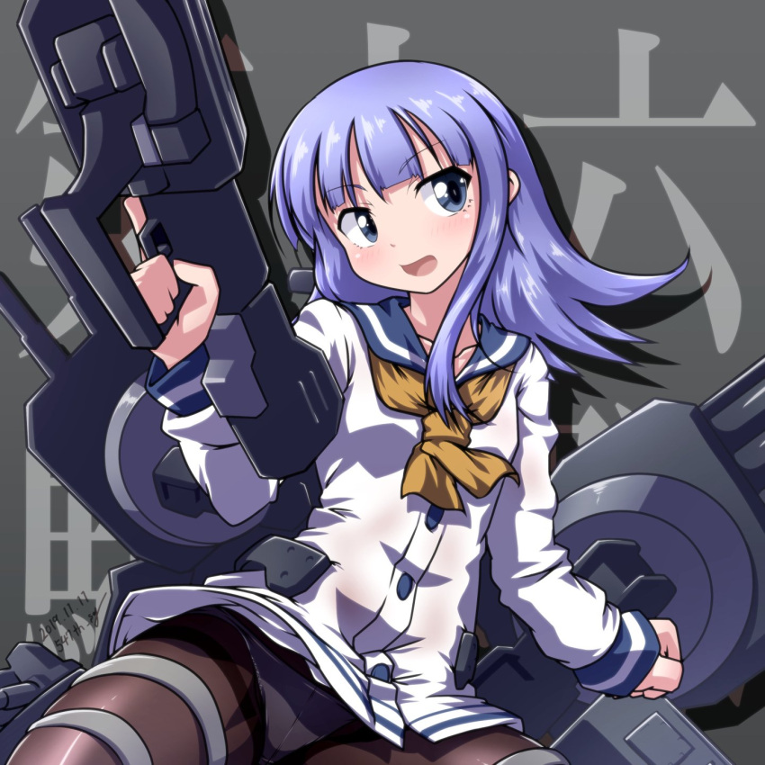 1girl 547th_sy alternate_costume background_text bangs black_legwear blue_eyes blue_hair blunt_bangs blush buttons dated dress eyebrows_visible_through_hair hatsukaze_(kantai_collection) highres holding kantai_collection long_hair long_sleeves open_mouth panties panties_under_pantyhose pantyhose rigging sailor_collar sailor_dress simple_background solo twitter_username underwear yellow_neckwear