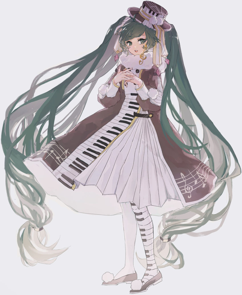 1girl absurdres alternate_costume beamed_eighth_notes beamed_sixteenth_notes brown_dress commentary dress earrings eighth_note english_commentary full_body fur-trimmed_dress green_eyes green_hair hands_together hat hatsune_miku highres jewelry keyboard_print light_smile long_hair looking_at_viewer michiki_kokuyou musical_note musical_note_print open_mouth pleated_dress quarter_note ribbon smile solo staff_(music) standing treble_clef treble_clef_hair_ornament twintails very_long_hair vocaloid yuki_miku yuki_miku_(2020)