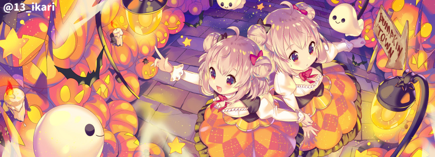 2girls :d ahoge animal argyle argyle_skirt bat black_bow blush bow breasts brown_hair burning candle closed_mouth commentary_request directional_arrow double_bun fire frilled_skirt frills hair_bow halloween highres holding_hand ikari_(aor3507) jack-o'-lantern juliet_sleeves lamppost long_sleeves multiple_girls open_mouth orange_skirt original pointing puffy_sleeves red_bow redhead shirt sign skirt small_breasts smile star sweat twitter_username white_shirt