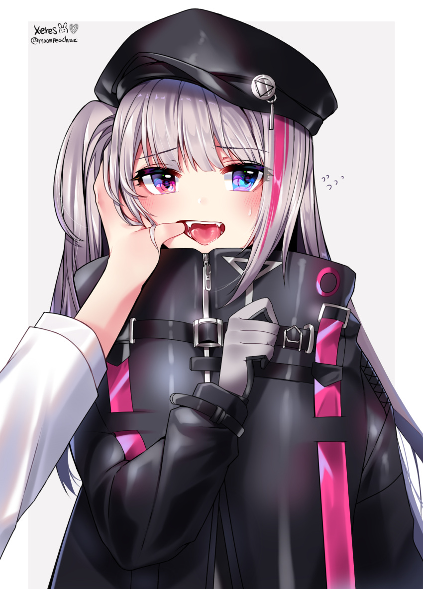 1girl beret black_headwear black_jacket commentary_request fangs finger_in_another's_mouth flying_sweatdrops girls_frontline gloves grey_background grey_gloves hand_up hat highres jacket long_hair long_sleeves mdr_(girls_frontline) multicolored_hair one_side_up open_mouth out_of_frame pink_hair saliva signature silver_hair solo_focus streaked_hair tongue twitter_username two-tone_background upper_body white_background xes_(xes_5377)