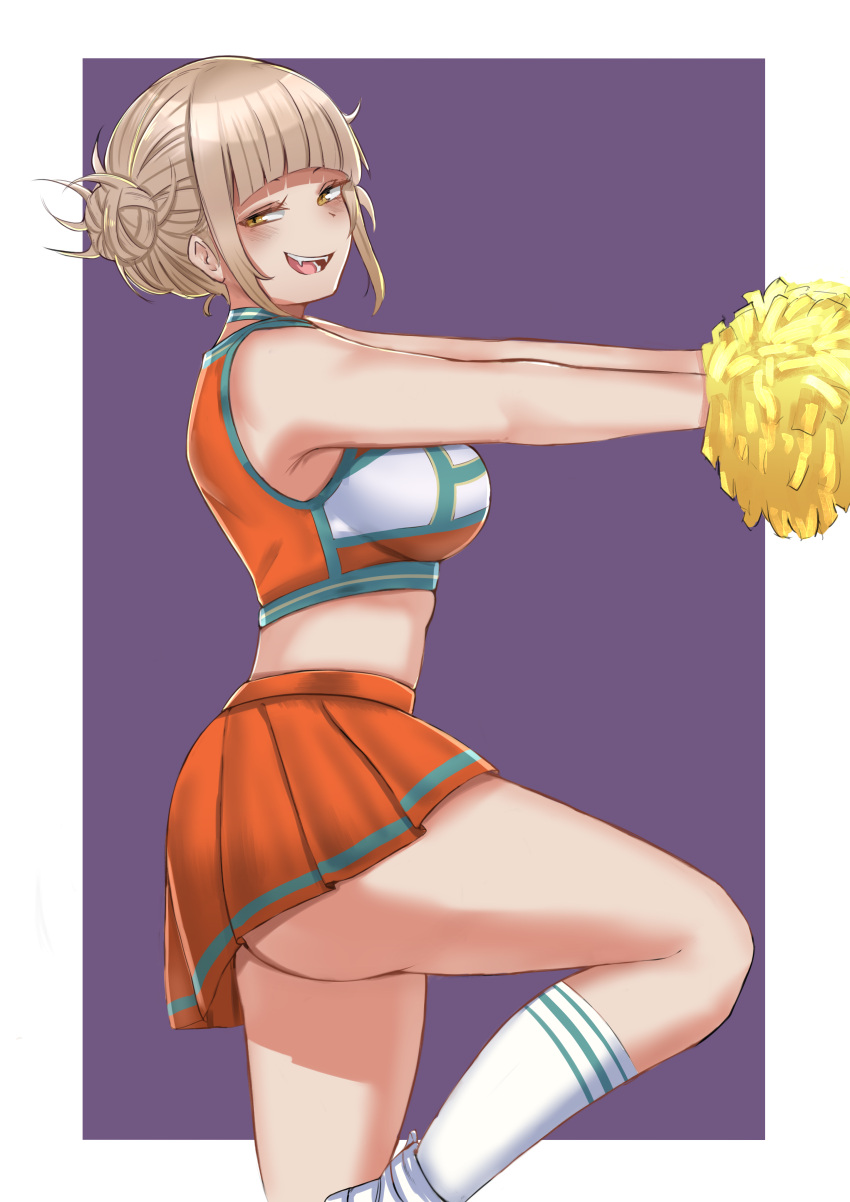 1girl absurdres alternate_costume ass bangs blonde_hair blunt_bangs blush boku_no_hero_academia cheerleader commentary double_bun fangs from_side highres kanta_(kanta_077) looking_at_viewer messy_hair open_mouth orange_skirt purple_background simple_background skirt sleeveless smile socks solo toga_himiko white_background white_legwear yellow_eyes