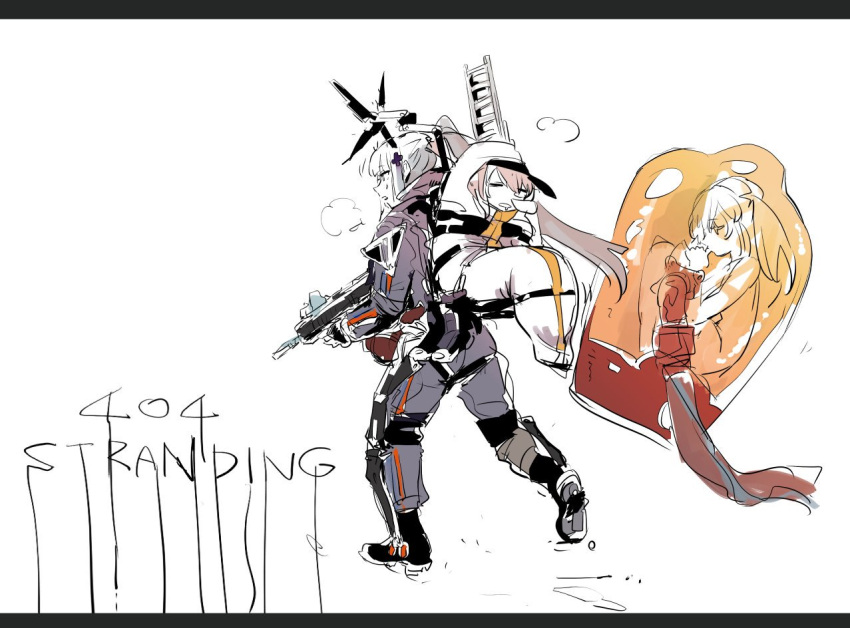 3girls 404_(girls_frontline) assault_rifle baby carrying commentary_request death_stranding english_text exoskeleton g11_(girls_frontline) gun hk416_(girls_frontline) multiple_girls osakana_(denpa_yun'yun) parody rifle scar scar_across_eye sleeping sleeping_bag ump45_(girls_frontline) weapon